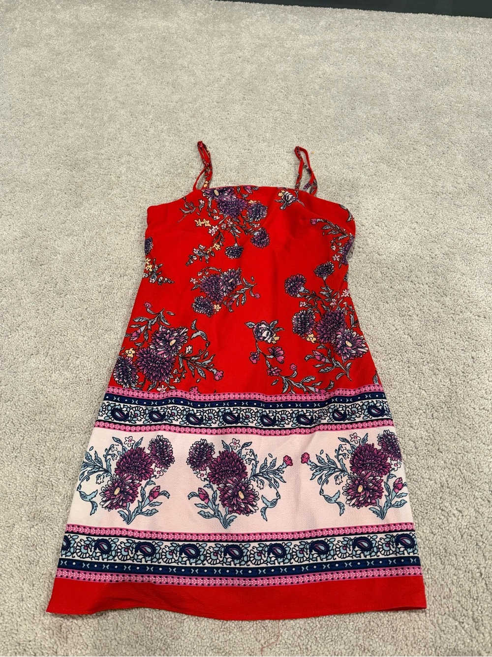 miami Red Floral Spaghetti-Strap Mini Dress with Pink & Purple Border
